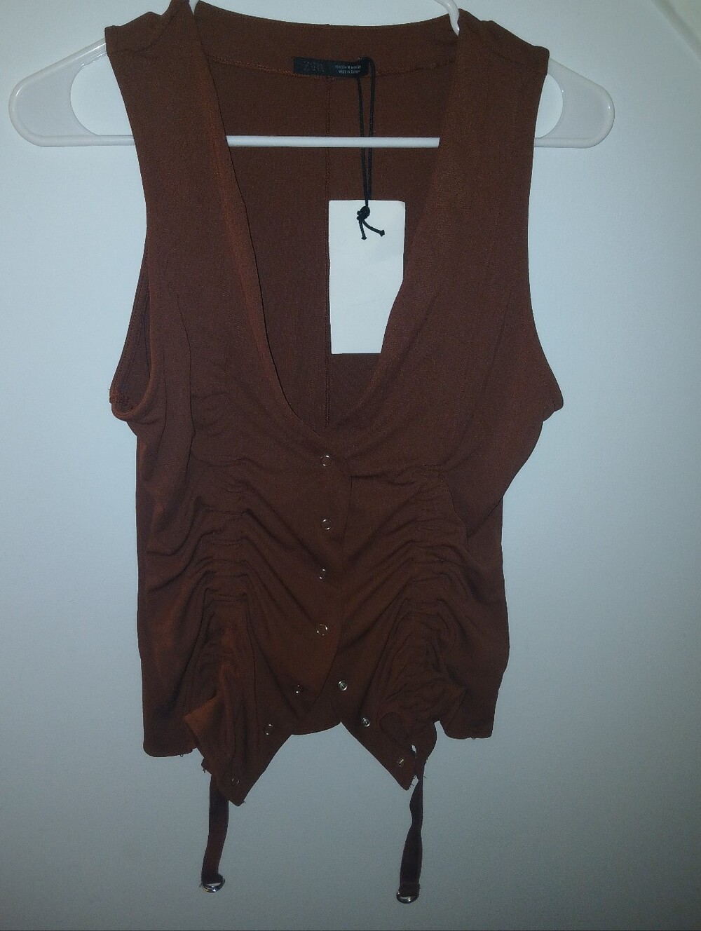 Zara Brown Ruched V-Neck Sleeveless Tank